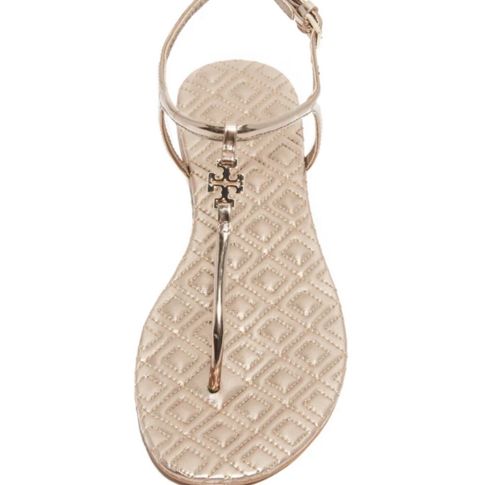 Tory Burch Gold T-Strap Sandals with Metallic Embellishments